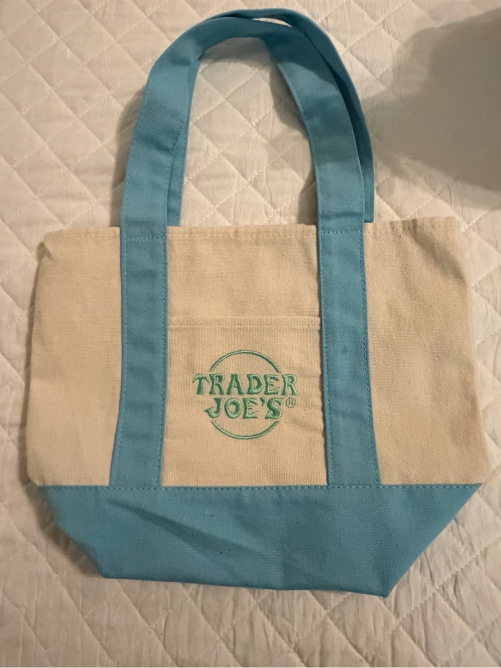 Trader Joe's Cream and Light Blue Mini Canvas Tote